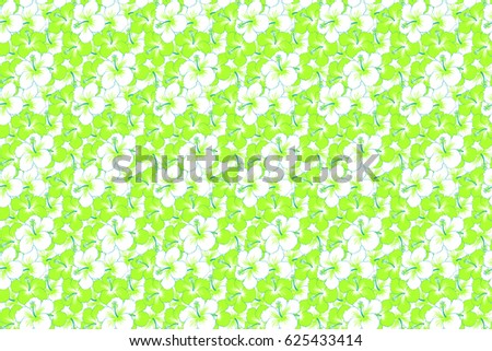 Raster illustration. White, green and blue hibiscus flowers seamless pattern.