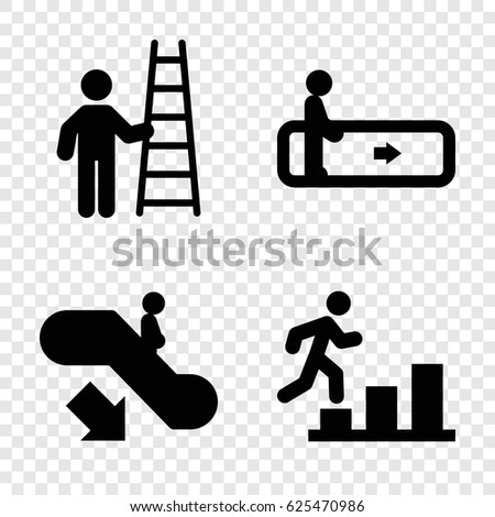 Stair icons set. set of 4 stair filled icons such as escalator, escalator down, man going up