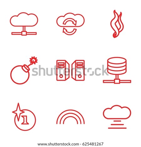 Cloud icons set. set of 9 cloud outline icons such as explosion, smoke, rainbow