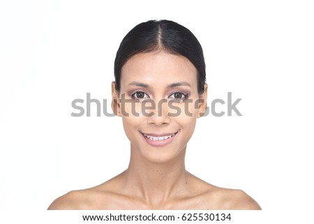 Asian Tan Skin Woman with Hand On applying cosmetic, Start from fresh face to finish process, studio lighting white background isolated copy space