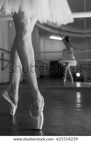 Ballerina in pointes and a pack warms up before the dance lesson. Crossed long slender female feet. Classical ballet. Prima ballerina. Shooting close-up. Black and white photography