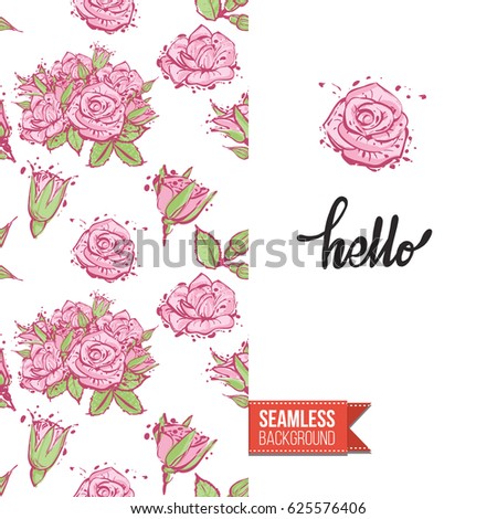 Romantic greeting card for wedding, bridal shower, hen-party. Watercolor style. Seamless pattern background with marriage fashion accessories. Inscription: hello. Vector template