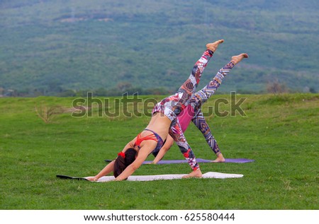 Womon Yoga : Group Woman on a yoga mat to relax outdoor.
