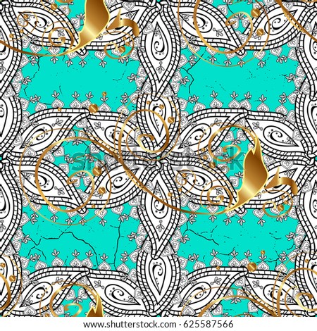 Paisleys elegant floral vector pattern background wallpaper illustration with vintage stylish beautiful modern 3d line art gold and blue paisley flowers leaves and ornaments.
