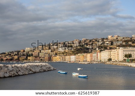 Wide view of Lungomare Caracciolo, Naples, Italy, seen from the sea Royalty-Free Stock Photo #625619387