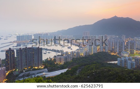 Hong Kong Tuen Mun downtown at sunset