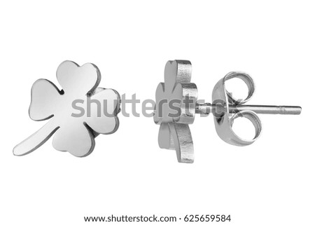 Pair of silver earrings shaped like clover leaves, isolated on white background, clipping path included