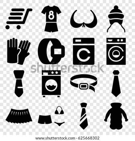 Clothing icons set. set of 16 clothing filled icons such as washing machine, baby cap, glove, bra, skirt, belt, overcoat, tie, luggage cart, swimsuit