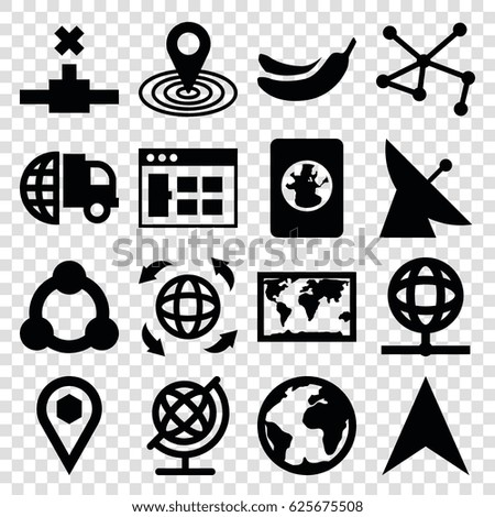 Global icons set. set of 16 global filled icons such as satellite, globe, Banana, map location, navigation arrow, connection, location, passport, planet, world map