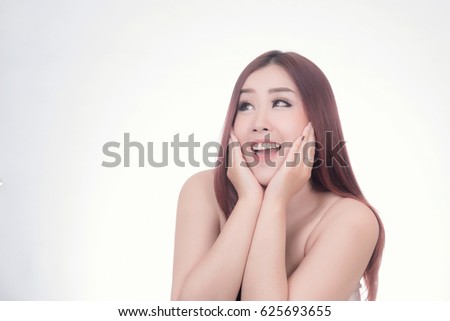 Beautiful woman enjoy and relax isolated on white background. portrait woman show something to you.