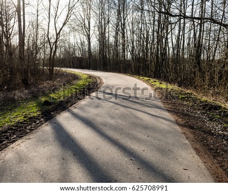 Winding country Road with clouds above and gravel surface surrounded by trees