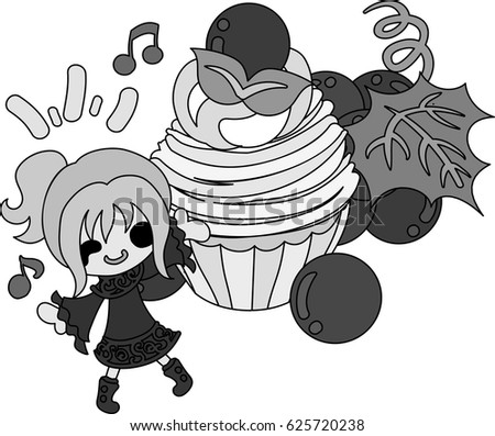 A cute illustration of a little girl and the cupcake of the grapes
