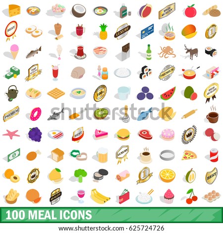 100 coffee fruit restaurant icons set. Isometric 3d illustration of 100 coffee fruit restaurant vector icons set isolated on white background