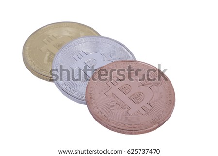 gold silver and bronze coins bitcoin on a white background