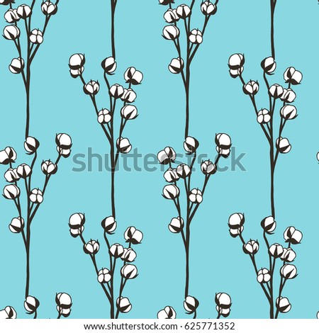 Vector seamless pattern with hand drawn cotton flowers. Beautiful floral design elements, perfect for prints and patterns.