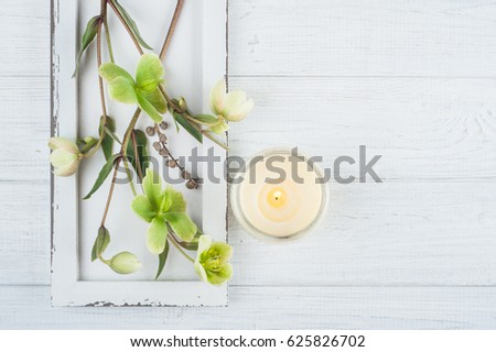 SPA composition with green flowers and lit candle on white wooden background. Top view