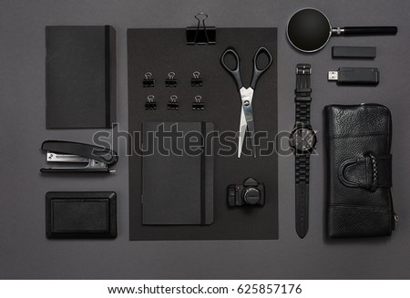 Workplace with office items and business elements on a desk. Concept for branding. Top view.