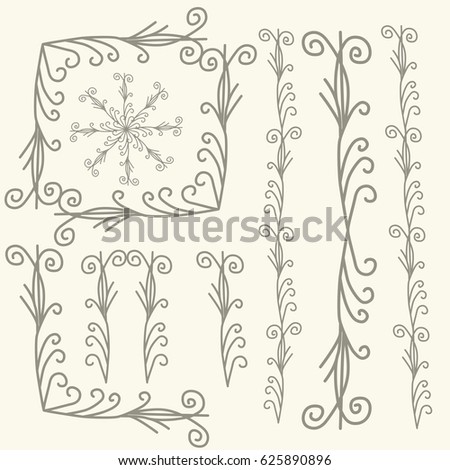 Set of Colorful Hand Drawn Doodle Design Elements. Rustic Decorative Borders, Dividers,  Swirls, Frames, Corners, Objects Vector Illustration