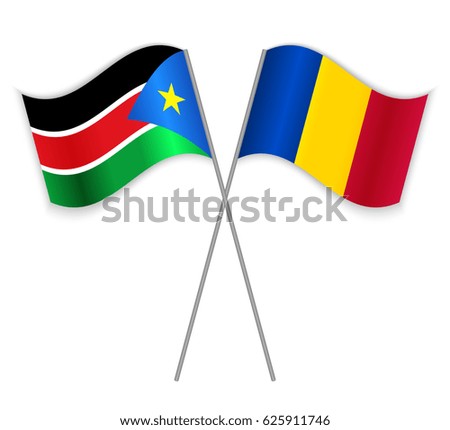 South Sudanese and Chadian crossed flags. South Sudan combined with Chad isolated on white. Language learning, international business or travel concept.