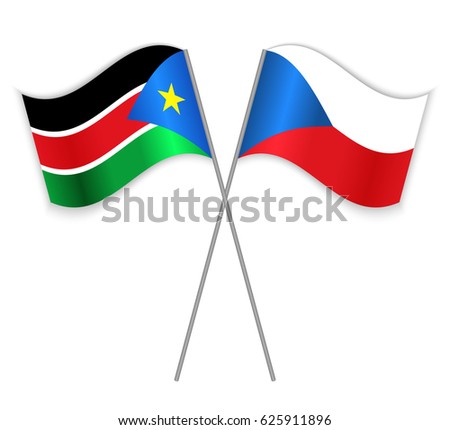South Sudanese and Czech crossed flags. South Sudan combined with Czech Republic isolated on white. Language learning, international business or travel concept.