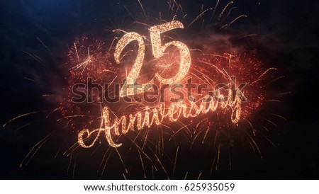 Happy birthday Anniversary 25 years celebration greeting text with particles and sparks on black night sky with colored fireworks on background, beautiful typography magic design.