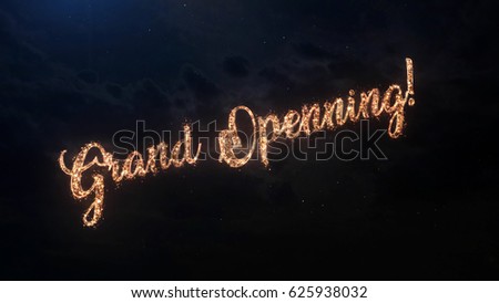 Grand Opening greeting text with particles and sparks on black night sky with colored slow motion fireworks on background, beautiful typography magic design. Royalty-Free Stock Photo #625938032
