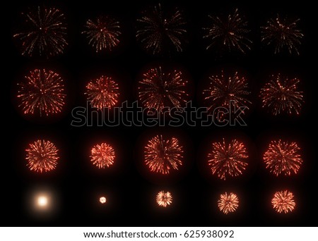 A set of slow motion red fireworks on black background, isolated animation without cropping, collage of beautiful fireworks exploding in the night sky.