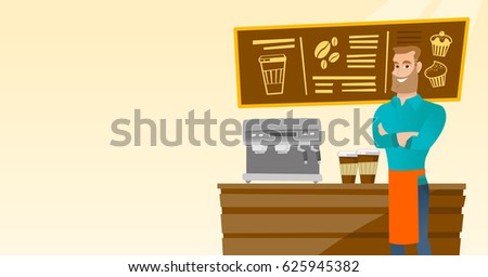 Caucasian friendly barista sanding in front of coffee machine. Male barista at coffee shop. Barista making a cup of coffee. Friendly barista at work. Vector flat design illustration. Horizontal layout