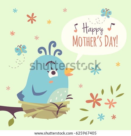 vector cartoon happy sitting bird mother's day green illustration