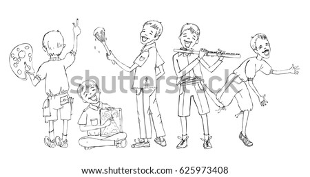 Little boy doodle, paying musical instrument, drawing, running, reading. School activities, educational concept