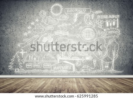 Room interior with business sketches on wall