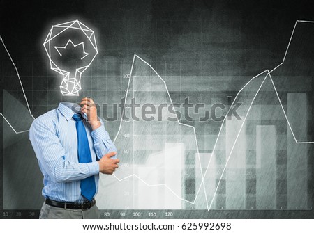 Pensive businessman with lamp head on concrete background