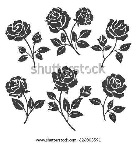 Rose silhouettes vector illustration. Black buds and stems of roses stencils isolated on white background