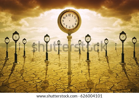 Time after death concept. Clock with no hands among many other showing different times  Royalty-Free Stock Photo #626004101