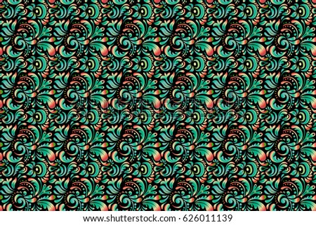 Raster illustration. Decorative symmetry arabesque. Good for greeting card for birthday, invitation or banner. Multicolor seamless pattern on a black background. Medieval doodle royal pattern.