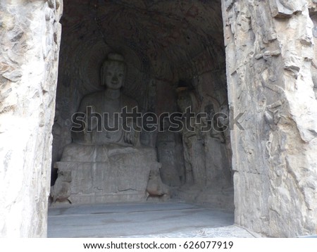 Luoyang / Longmen grottoes / picture showing some of the caves and sculptures in the Longmen Grottoes complex in Luoyang, China. Taken in October 2015.