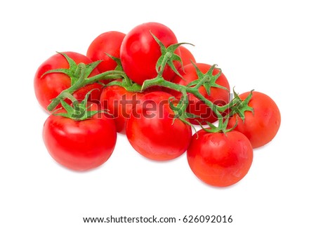 Pile of the ripe red tomatoes with droplets of dew on the branches on a light background
