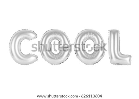 cool in english alphabet from chrome (grey) balloons on a white background. holidays and education.