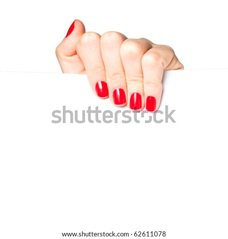 Beautiful female hand with red nails holding a blank sign, isolated on white