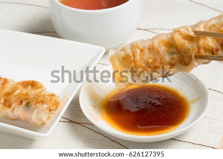 Pan-fried dumplings on white background