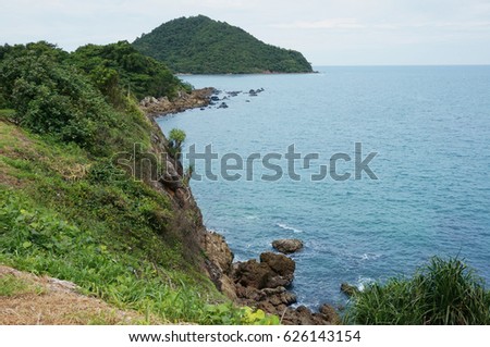 A photo of the rocky coast of the sea at Chanthaburi, Thailand                               