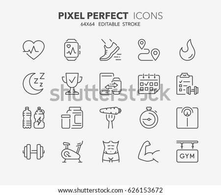 Thin line icons set of fitness, gym and health care. Outline symbol collection. Editable vector stroke. 64x64 Pixel Perfect. Royalty-Free Stock Photo #626153672