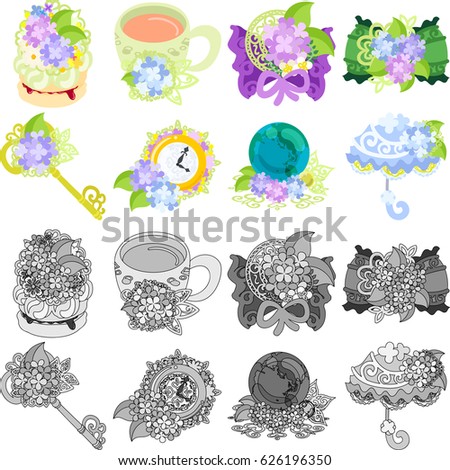 The cute icons of hydrangea objects such as cake and tea and ribbon and key and clock and terrestrial globe and umbrella