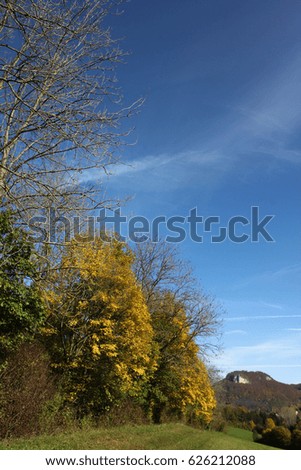 autumn colors in countryside near stuttgart in south germany with blue sky and warm sunshine offer magic atmosphere latest warm days of year