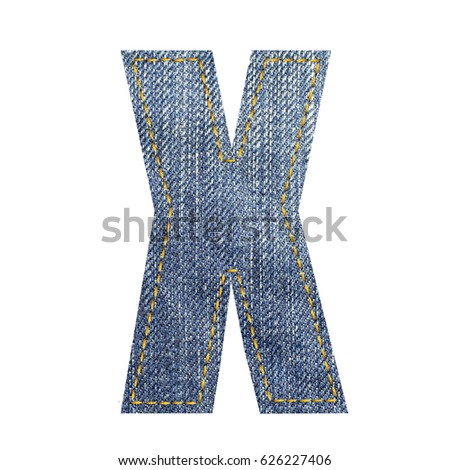 Alphabet X, created by blue jean texture sewing, isolated on white background