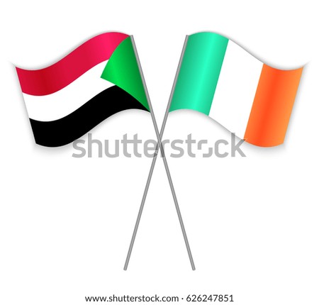 Sudanese and Irish crossed flags. Sudan combined with Ireland isolated on white. Language learning, international business or travel concept.