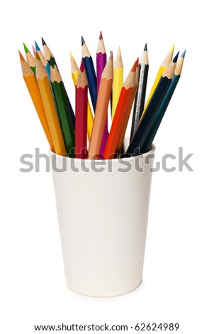 A stack of colored pencils on white background