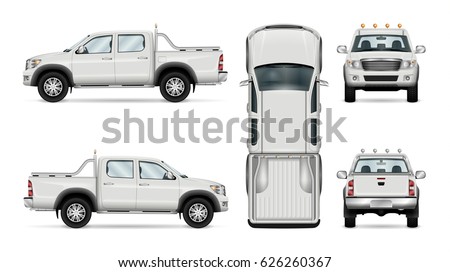 Pickup truck vector template for car branding and advertising. Isolated car set on white background. All layers and groups well organized for easy editing and recolor. View from side, front, back, top Royalty-Free Stock Photo #626260367