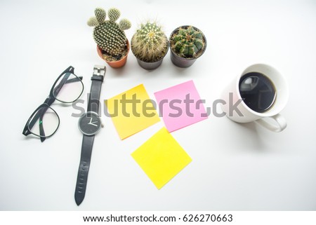 Notepaper on white background with Cactus , Coffee.