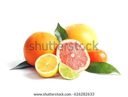 Citrus fruits on white background Royalty-Free Stock Photo #626282633